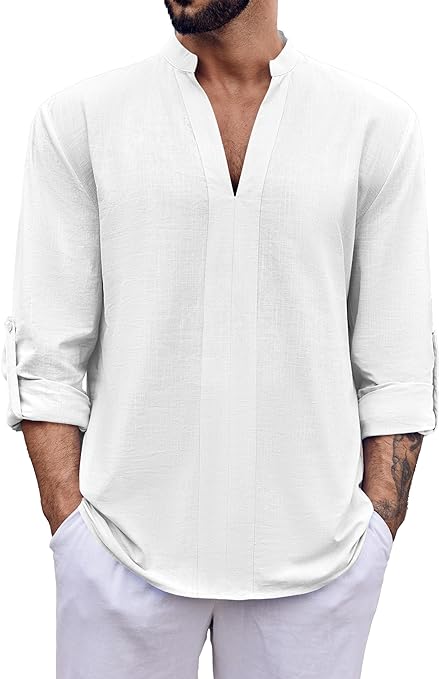 Photo 1 of Size XL--Ryannology Mens Casual Long Sleeve T Shirts V Neck Henley Summer Cotton Linen Lapel Regular Fit Work Business Fishing Tops