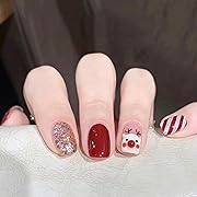 Photo 1 of 24 Pcs Christmas Press on Nails Short Square Fake Nails Cute Christmas Elk Design Glue on Nails Full Cover Square Christmas Acrylic False Nails 