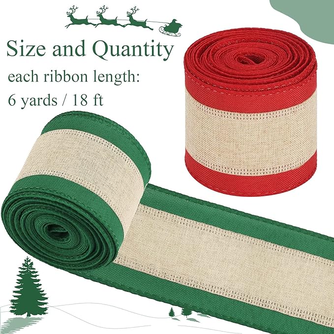 Photo 1 of 2 Rolls/ 12 Yards Christmas Burlap Ribbons 2.5 Inch Wide Wired Edge Burlap Ribbon Xmas Natural Wrapping Ribbon Decorative Edge DIY Ribbons for Christmas Wedding Home Party (Red Burlap, Green Burlap)