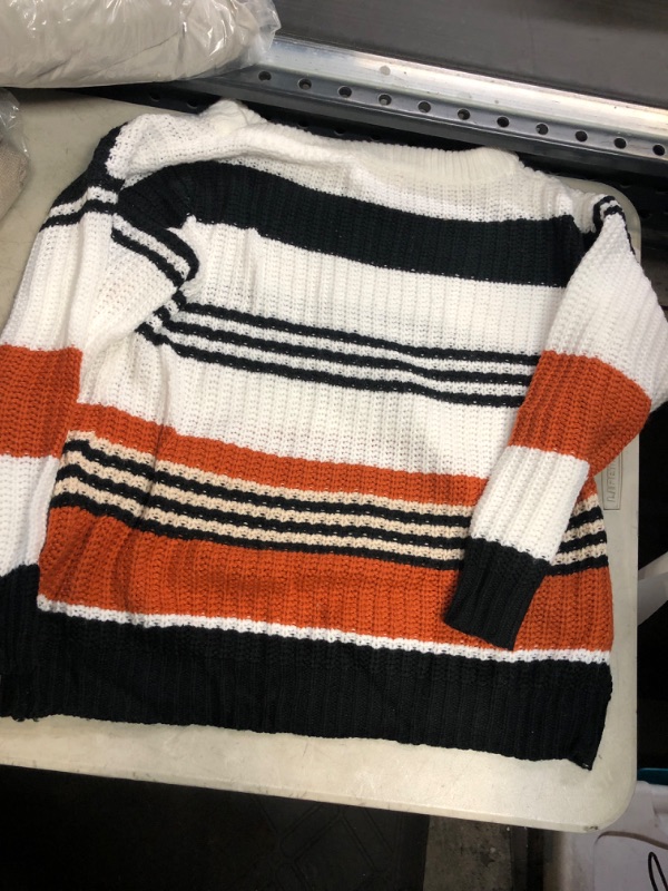 Photo 2 of  Fall Winter Women's Striped Color Block Short Sweater Long Sleeve Crew Neck Casual Loose Knit Pullover Tops