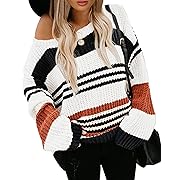 Photo 1 of  Fall Winter Women's Striped Color Block Short Sweater Long Sleeve Crew Neck Casual Loose Knit Pullover Tops