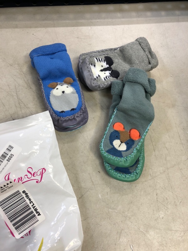 Photo 2 of 18/24M--Infant Baby Boy Girls Toddlers Moccasins Non-Skid Indoor Slipper Shoes Socks Booties with Grips 18-24 Months Infant Grey Blue Green