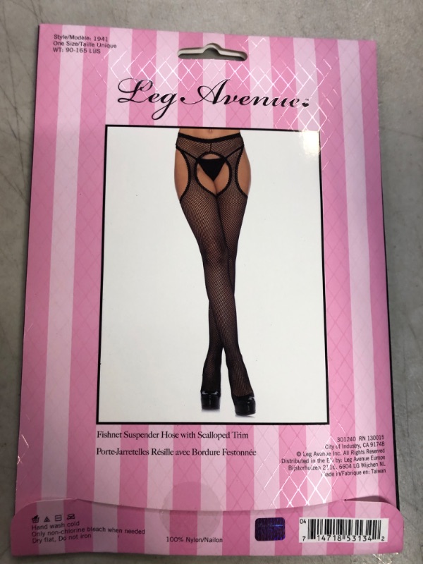 Photo 2 of Leg Avenue Womens Fishnet Suspender Hose with Scalloped Trim, O/S, Black