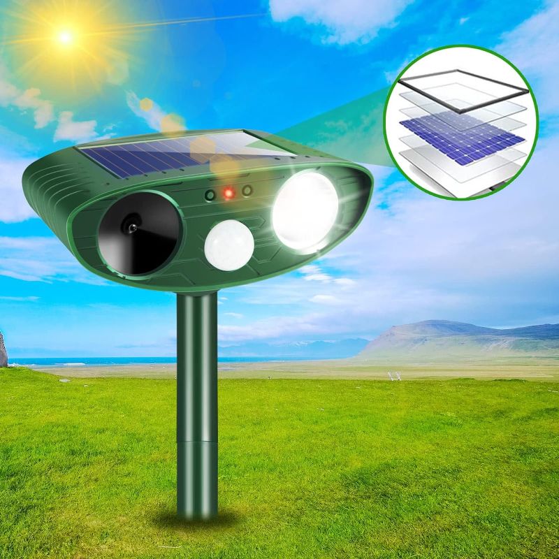 Photo 1 of ??? 2 Pack Solar Ultrasonic Animal Repeller, Animal Repellent Outdoor with Flashing Light Motion Sensor Waterproof Animal Deterrent for Cat Deer Dog Raccoon Skunk Squirrel Rabbit Fox and More
