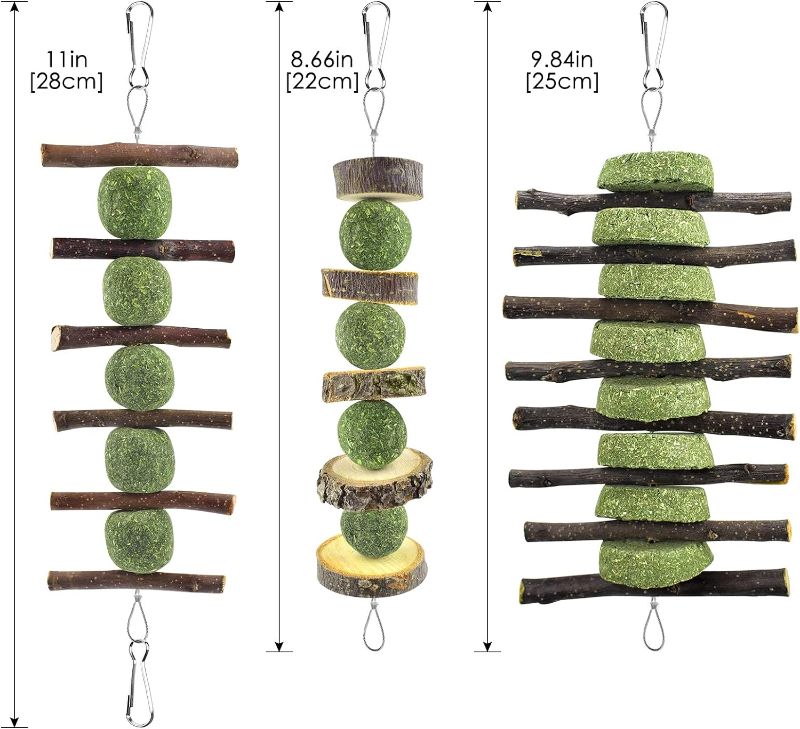 Photo 1 of 3pcs---ERKOON Bunny Chew Toys, Rabbit Chew Toys for Teeth Grinding, Improve Dental Health, 100% Natural Apple Wood Timothy Grass Cake Treats for Rabbits Guinea Pigs Chinchillas Bunnies Hamsters 