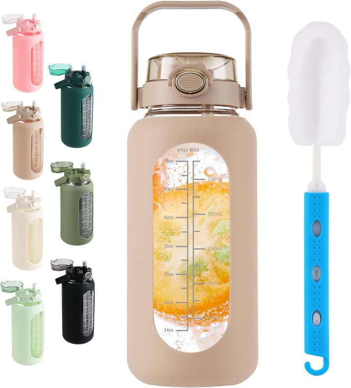 Photo 1 of 64oz Glass Water Bottle with Straw Lid Half Gallon Motivational Bottle with Handle and Silicone Sleeve and Time Marker Large Reusable Sports Water Jug for Gym Home Workout
