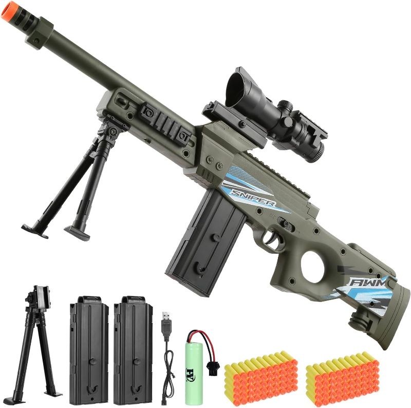 Photo 1 of Automatic Sniper Rifle Toy Gun with Scope for Soft Guns Darts with 2 Magazines, Foam Blaster with 100 EVA Soft Bullets, Realistic Electric Machine Gun for Boy 8-12 Age, Birthday Gift for Kid and Adult

