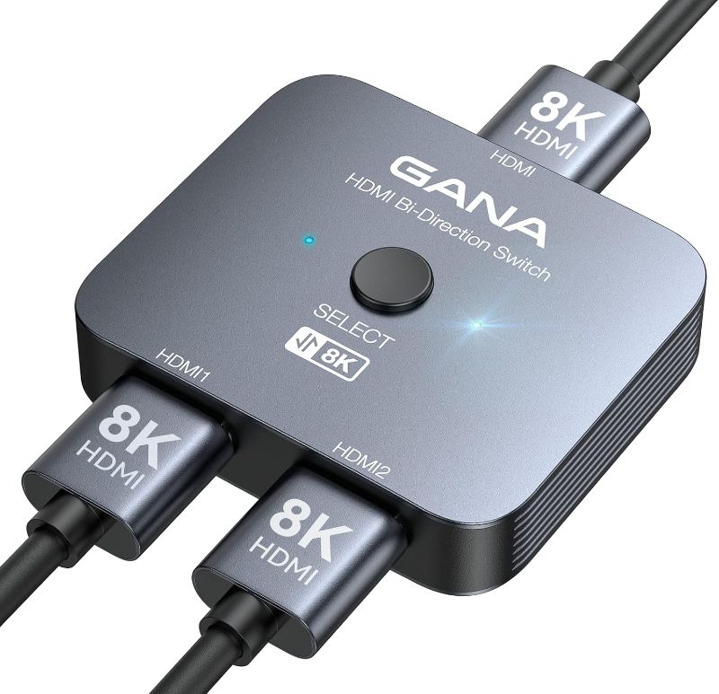 Photo 1 of GANA HDMI 2.1 Switch, 8K HDMI Switcher Splitter Bi-Directional 2 in 1 Out, 4K@120Hz,8K@60Hz, 48Gbps Aluminum Ultra HD HDMI Hub Compatible with PS5/4,Xbox,Roku,Apple TV,Fire Stick
