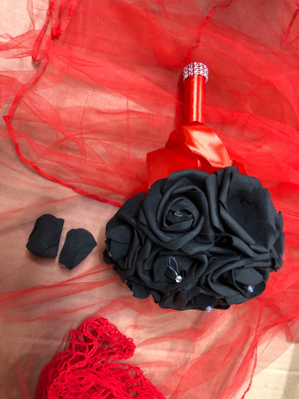 Photo 2 of  Halloween Women's 80s Bride Costume Red Veil  Bouquet Black Roses  