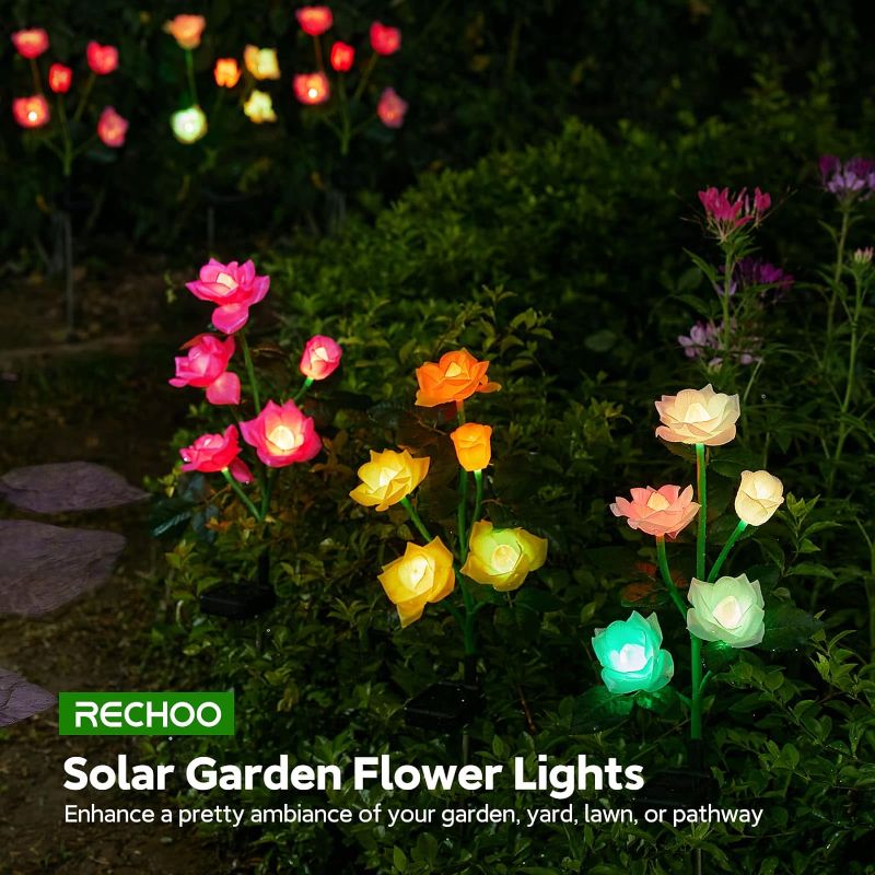 Photo 1 of 3pcs--RECHOO Solar Garden Lights Outdoor Decorative, olar Garden Lights with 15 Rose Flowers, Multi-Color Changing LED Waterproof Solar Powered Garden Decor for Patio Yard Pathway Decoration 