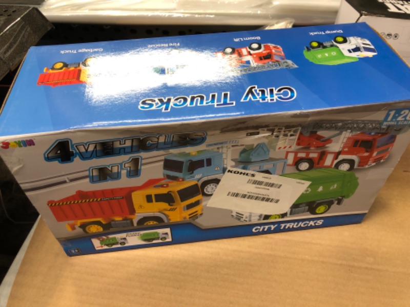 Photo 1 of JOYIN 4 Pack Friction Powered City Vehicles Including Garbage Truck, Fire Engine Truck, Boom Lift Truck and Construction Dump Truck with Lights and Sounds