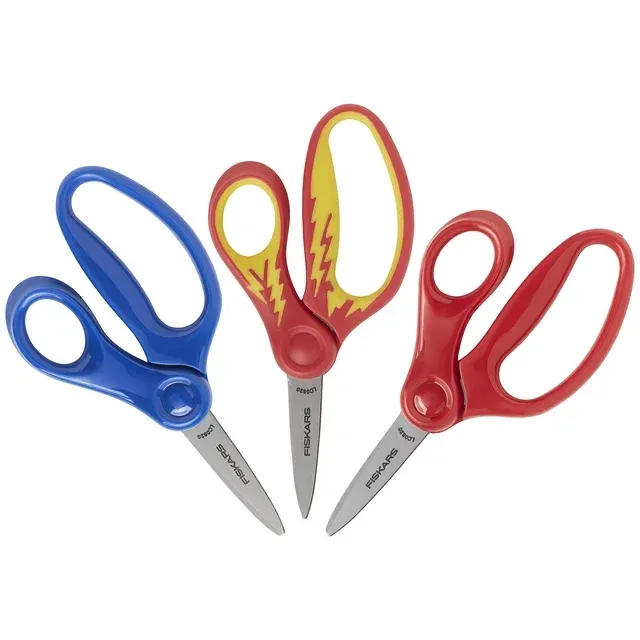 Photo 1 of Fiskars Kids Scissors Pointed-Tip 3 Pack Red Blue and Red Yellow Lightening
