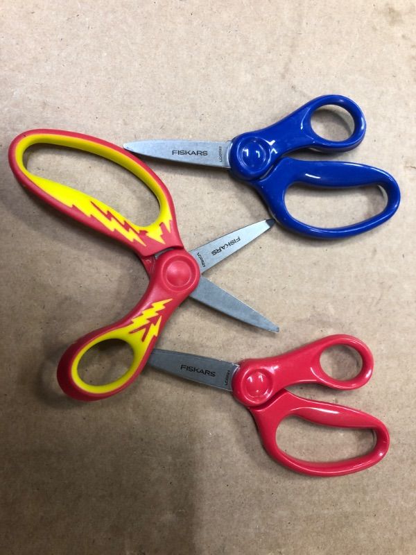 Photo 2 of Fiskars Kids Scissors Pointed-Tip 3 Pack Red Blue and Red Yellow Lightening
