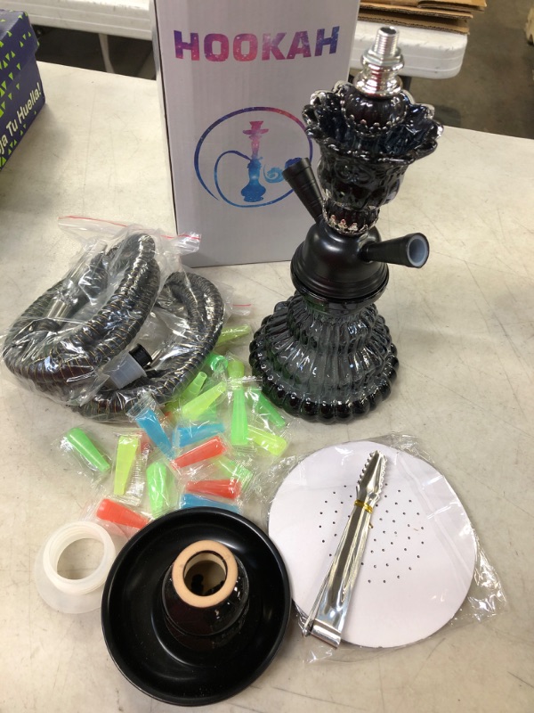 Photo 1 of 2 Hose Hookah Set - 11"Small Shisha Hookah Set with Glass Vase, Ceramic Bowl, Leather Hose, Coal Tongs Ashtray,Hookah Foil and 20 Hookah Tips (Black)
