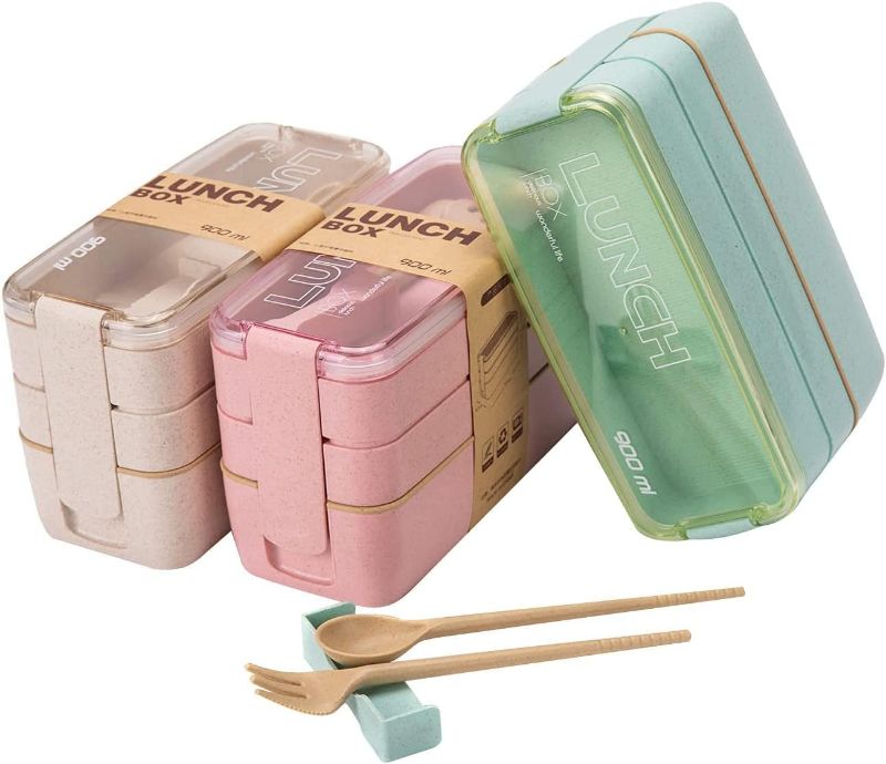 Photo 1 of 
Rarapop 3 Pack Stackable Bento Box Adult Japanese Lunch Box Kit with Spoon & Fork, 3-In-1 Compartment Wheat Straw Meal Prep Containers (Green/Pink/Beige