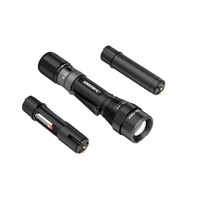 Photo 1 of Husky 1200 Lumens Dual Power LED Rechargeable Focusing Flashlight with Rechargeable Battery and USB-C Cable Included, Black