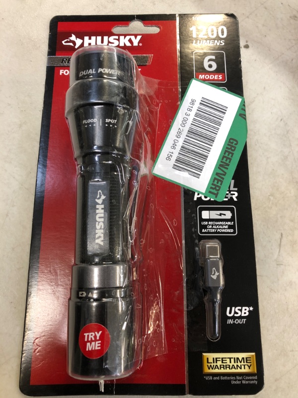 Photo 1 of Husky 1200 Lumens Dual Power LED Rechargeable Focusing Flashlight with Rechargeable Battery and USB-C Cable Included, Black