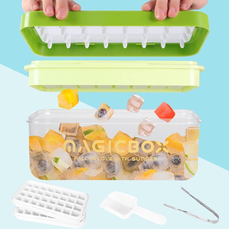 Photo 1 of  Ice Cube Tray with Lid, 2 * 32 Stackable Ice Trays for Freezer with Ice Bin, Scoops, Tongs, Ice Molds Press to Release All Ice (A-Green)
