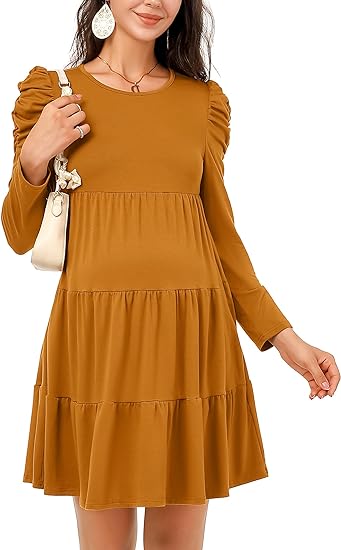 Photo 1 of 22XL---FUNJULY Maternity Dress Womens Casual Ruffle V Neck Puff Sleeve Flowy Mini Short Tunic Dress Maternity Tiered Babydoll Dress
