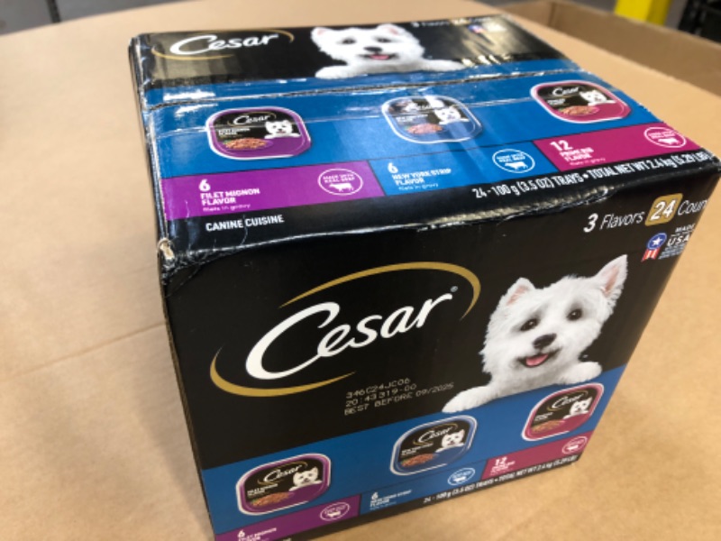 Photo 2 of CESAR Adult Soft Wet Dog Food Filets in Gravy Variety Pack, Filet Mignon, New York Strip and Prime Rib Flavors, (24) 3.5 oz. Trays Prime Rib, New York Strip, Filet Mignon 3.5 Ounce (Pack of 24)---exp date 09/2025