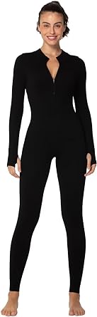 Photo 1 of Long Sleeve Jumpsuits for Women, Ribbed One Piece Casual Yoga Workout Zip Front Bodycon, Legging Fit & Thumbhole