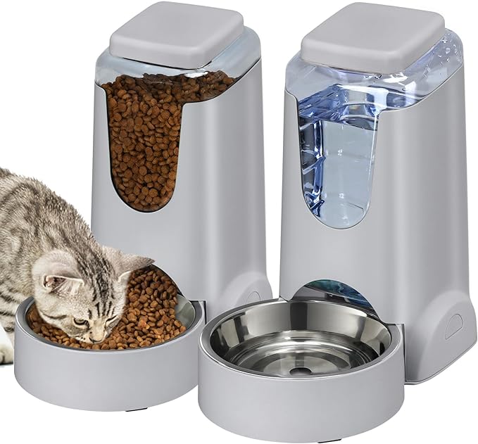 Photo 1 of 2 Pack Automatic Cat Feeder and Water Dispenser with Stainless Steel Dog Bowl Gravity Self Feeding for Small Medium Pets Puppy Kitten 1 Gallon x 2 (Grey) 