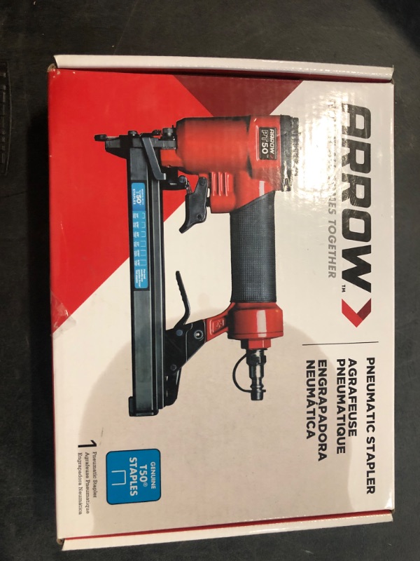 Photo 3 of Arrow PT50 Oil-Free Pneumatic Staple Gun, Professional Heavy-Duty Stapler for Wood, Upholstery, Carpet, Wire Fencing, Fits 1/4”, 5/16”, 3/8", 1/2", 9/16” Staples , Red 1 Unit