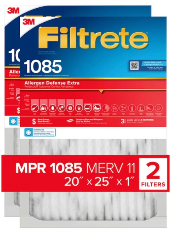 Photo 1 of Filtrete 20-in W x 25-in L x 1-in MERV 11 1085 MPR Allergen Defense Extra Electrostatic Pleated Air Filter (3-Pack)