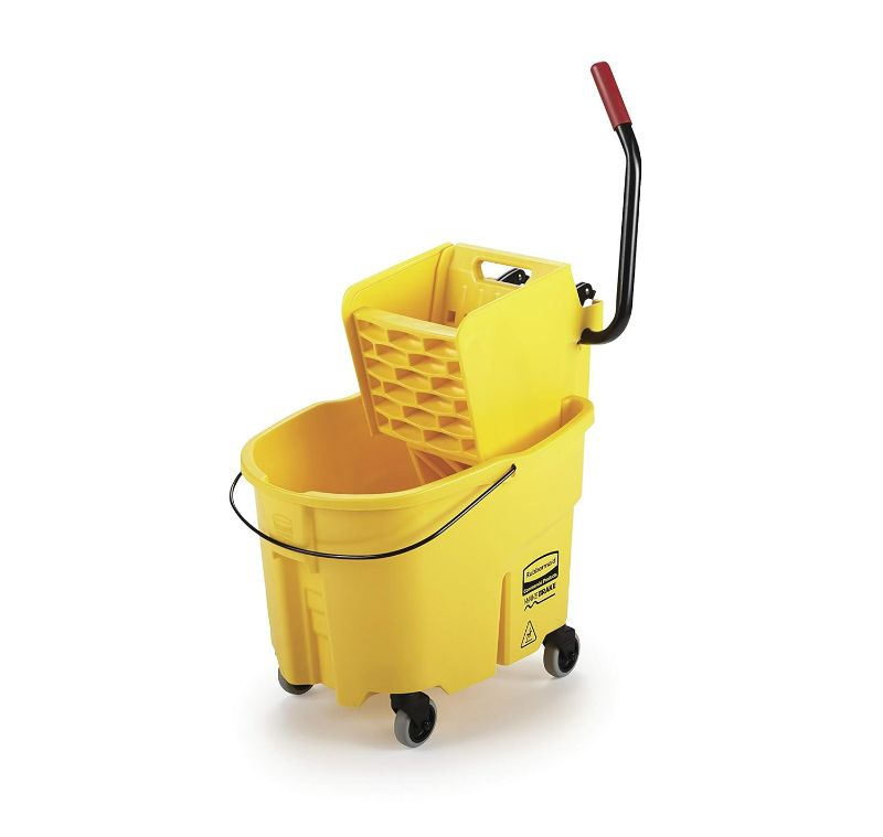 Photo 1 of Rubbermaid Commercial Products WaveBrake 35 Qt. Side-Press Mop Bucket and Wringer Combo on Wheels, Yellow, for Professional/Industrial/Business Heavy-Duty Floor Cleaning/Mopping