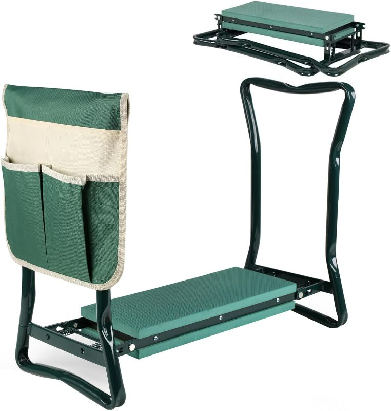 Photo 1 of Garden Kneeler and Seat Foldable Gardening Bench Stool with Tool Bag Pouch EVA Foam Pad Outdoor Practical Garden Tools for Kneeling and Sitting Sturdy and Lightweight, Green