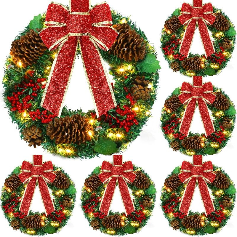 Photo 1 of Ceenna 6 Pcs LED Christmas Wreaths Outdoor 15.7" Lighted Xmas Wreath with Red Bow Artificial Christmas Wreaths with Lights Pine Cones Red Balls for Front Door Holiday Window Wall Christmas(Classic)