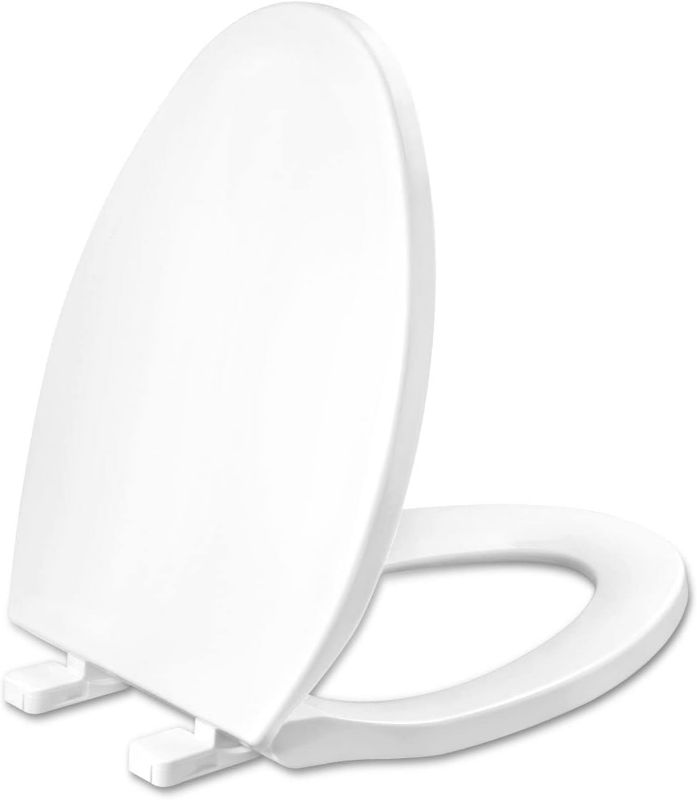 Photo 1 of Toilet seat Elongated with Slow Close Hinges, Four Bumpers Never Loosen and Easily Remove, Two Sets of Parts, Plastic, White