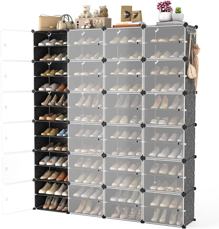 Photo 1 of WEXCISE Portable Shoe Rack Organizer with Door, 96 Pairs Shoe Storage Cabinet Easy Assembly, Plastic Adjustable Shoe Storage Organizer Stackable Detachable Free Standing DIY Expandable 12 Tier Black