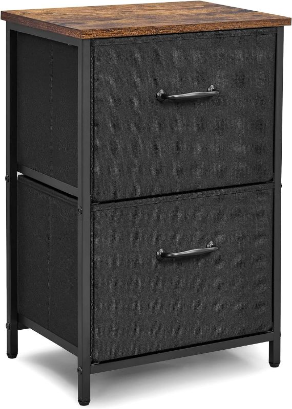 Photo 1 of Nightstand with 2 Fabric Drawers, Storage Dresser for Bedroom, Office, Living Room and Hallway Entryway Closets, Steel Frame Wood Top, Easy Pull Handle, Black Rustic Brown