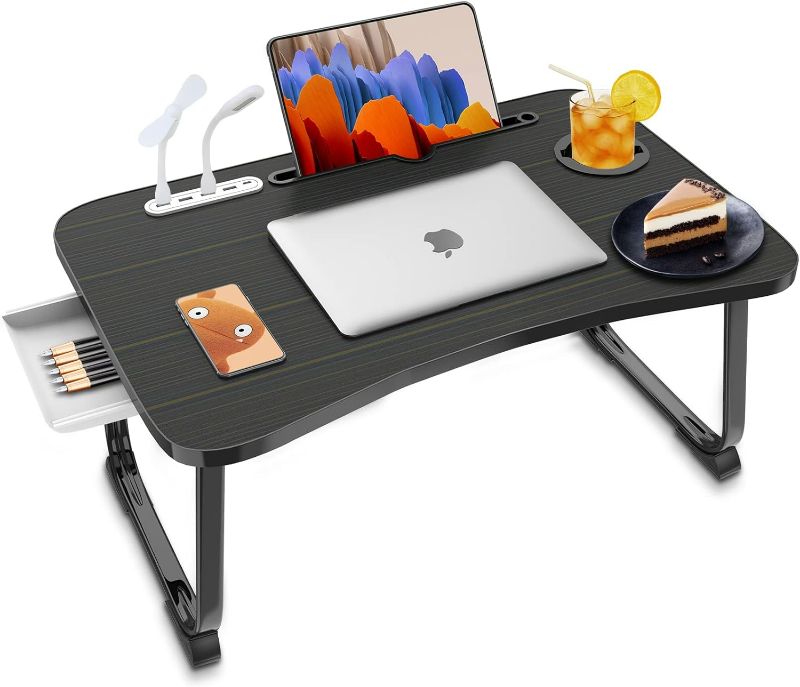 Photo 1 of Portable Foldable Laptop Bed Table with USB Charge Port Storage Drawer and Cup Holder,Lap Desk Laptop Stand Serving Tray for Eating, Reading and Working