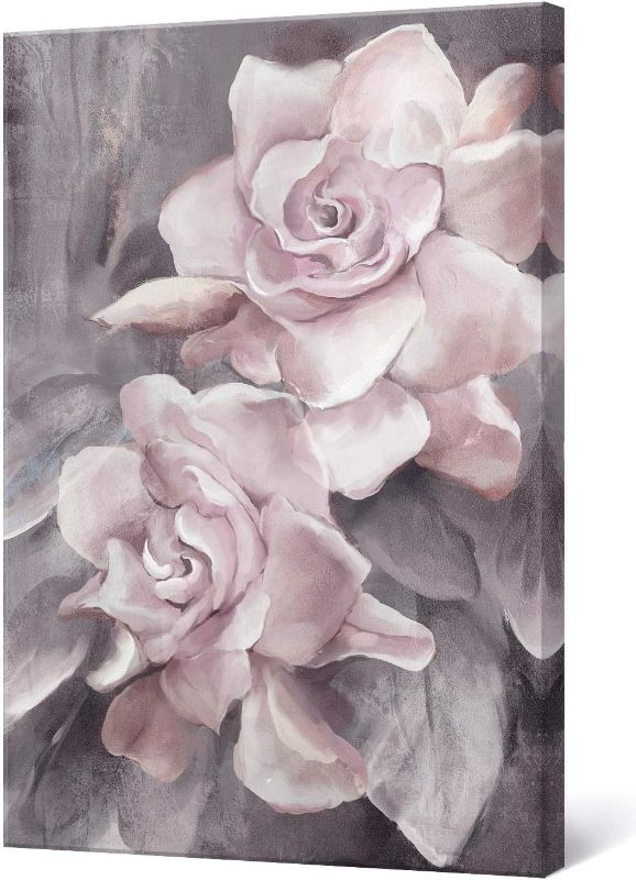 Photo 1 of Pink Grey Wall Art Rose Flower Floral Pictures Flowers Canvas Painting Blush Gray Dusty Pink Roses Print Modern Artwork Framed for Living Room Bedroom Bathroom Home Room Wall Decor 16"x24"