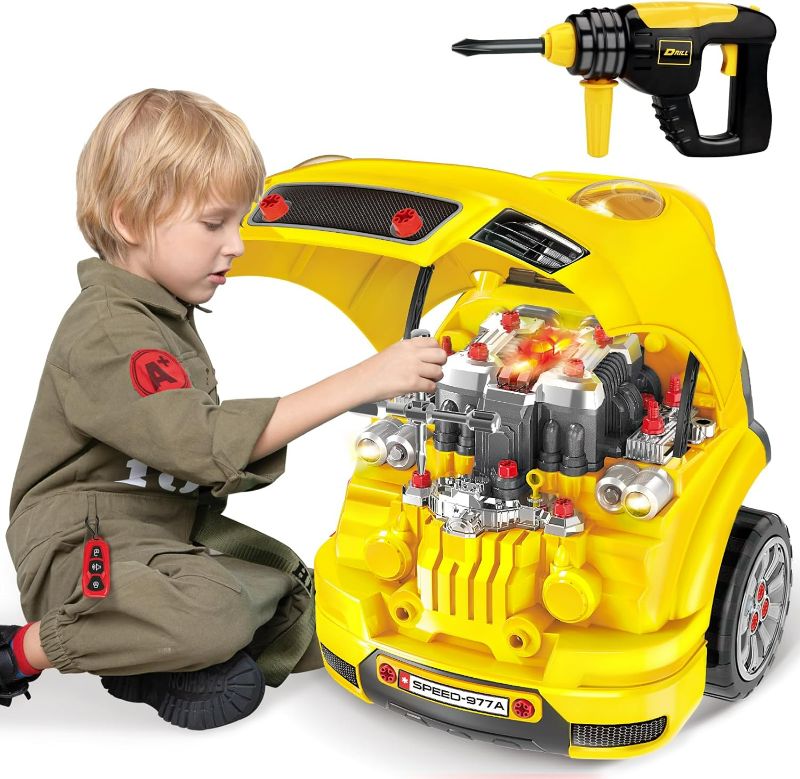 Photo 1 of Deejoy Large Truck Builder Kit for Toddlers 3-5, Kids Mechanic Workshop Set with Light and Sound, Removable Engine, Yellow, 15.3x18.7inch
