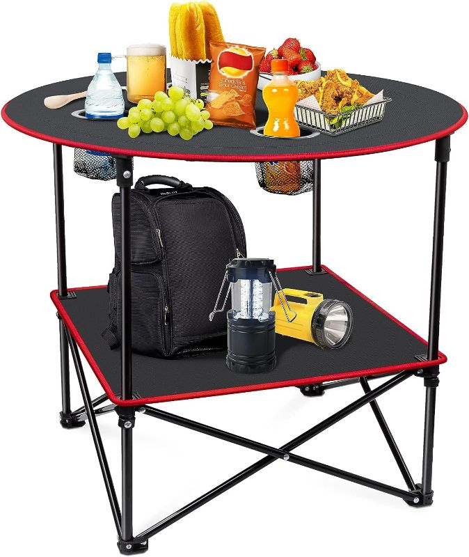 Photo 1 of Portable Camping Table Folding Picnic Tables Lightweight Folding Table Waterproof Canvas Beach Table for Outside with 4 Cup Holders & Carry Bags for Camping, Beach, Campfires and Tailgating