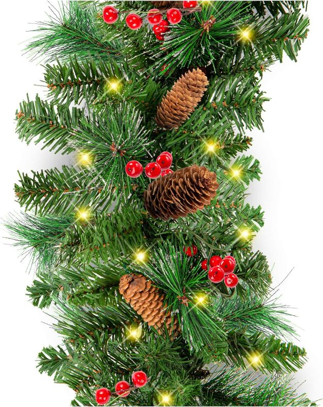 Photo 1 of Best Choice Products 9ft Pre-Lit Holiday Pre-Decorated Christmas Garland for Stairs, Fireplace, Decoration w/PVC Tips, 50 Lights, Pine Cones, Berries - Unflocked