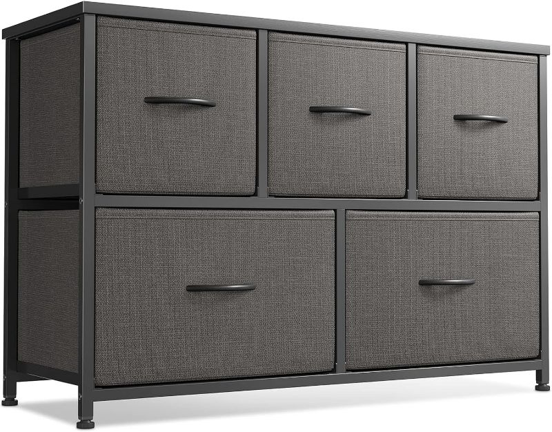 Photo 1 of Cubiker Dresser for Bedroom with 5 Drawers, Fabric Storage Big Wide Dresser for Hallyway Closets, Sturdy Steel Frame, Wood Top, Dark Grey