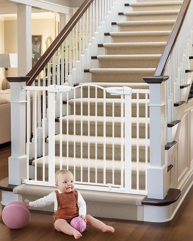 Photo 1 of Cumbor 29.7-46" Arched Decor Baby Gate for Stairs No Drill, Auto Closed Dog Gate Indoor for the House, Pressure Mounted Pet Gate for Doorways, Easy Install Child Gate,White, Mom's Choice Awards Winner