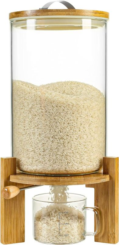 Photo 1 of Rice Dispenser, Rice Storage Container?Flour and Cereal Container with Airtight Lid and Wooden Stand, Glass Food Storge Container for Kitchen Organization and Pantry Store (8L)