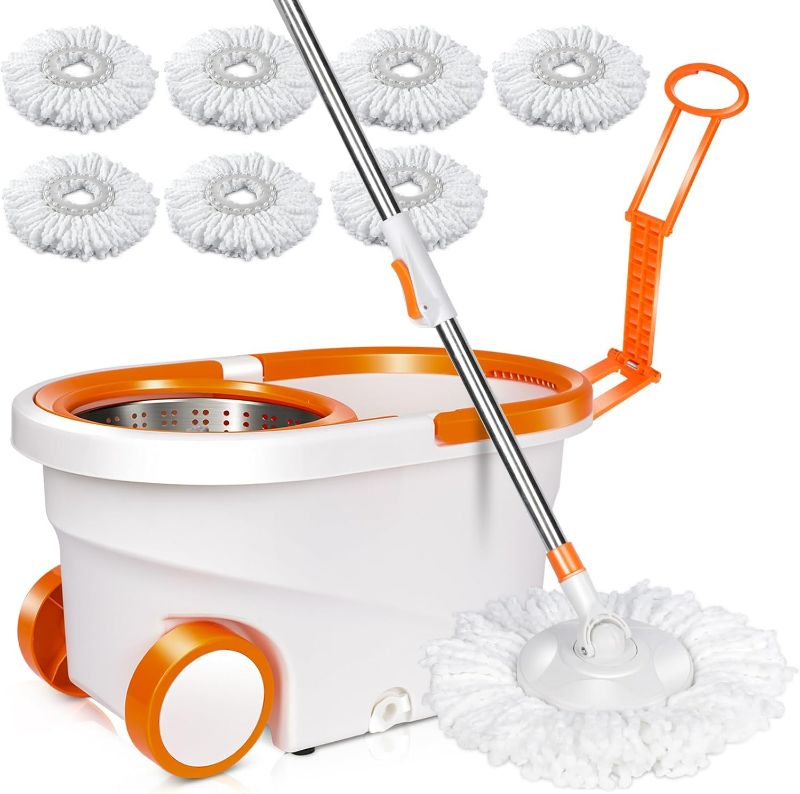 Photo 1 of MASTERTOP Spin Mop & Bucket with Wringer Set, Floor Cleaning, Household Cleaning Supplies, Stainless Steel Spinning Mop Bucket, 7 Microfiber Mop Refills, 57" Extended Handle, 2 Wheels Easy Moving