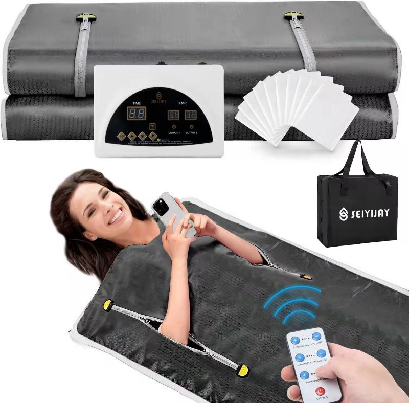 Photo 1 of SEIYIJAY Infrared Sauna Blanket, Upgraded Large Size Sauna Blanket for Detox, Home Sauna with Remote, Including 40 Pieces Plastic Sheeting for Body Wrap (Black)