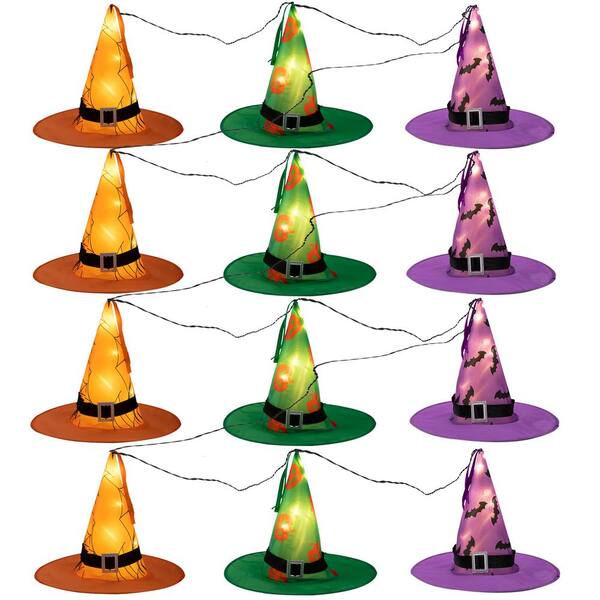 Photo 1 of 15 in. H Multicolored Polyester Witch Hat String Lights, Indoor Outdoor Halloween Decoration (Set of 12)