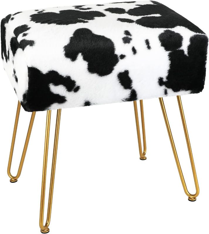 Photo 1 of Modern Mink Square Footstool Ottoman,Rose Pattern Furry Faux Fur Vanity Stool Chair with Metal Legs,Comfy Entryway Ottoman Bench,Stool for Vanity (Cow Pattern)