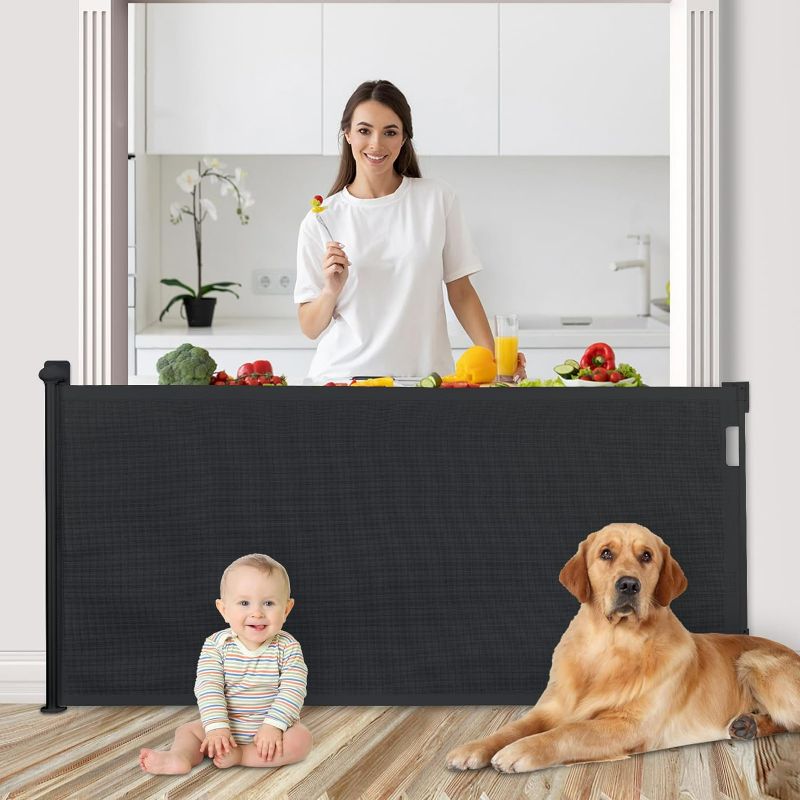 Photo 1 of EAIMI Retractable Baby Gate for Stairs, No Drilling Mesh Baby/Dog Gate Extra Wide Child Safety Gate, 33" Tall Extends to 55" Wide Baby Gate for Doorways, Stairs, Hallways, Indoor/Outdoor Black
