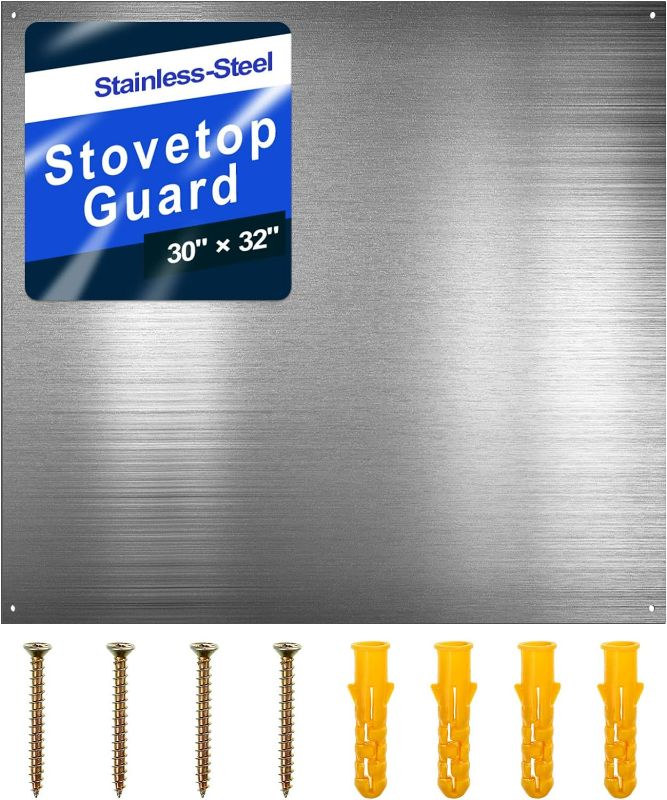 Photo 1 of Reversible Stainless Steel Backsplash Behind Stove Metal BackSplash Panel Stainless Steel Cooking Backsplash Wall Panel for Kitchen Cooking Panel Pre Drilled Holes Matching Screws (32 x 30 Inch)