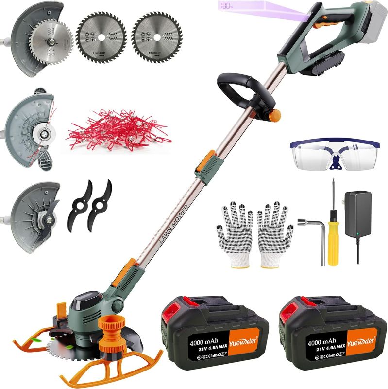 Photo 1 of Electric Weed Wacker, (21V 2x4.0A Weed Eater Battery Powered), 4-in-1 Grass Trimmer/Wheel Edger/Mini-Mower/Brush Cutter, with 2 x Saw Blades, 2 x Metal Blades, 20x Grass Cutting line