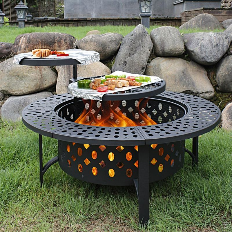 Photo 1 of 36 Inch Fire Pit with 2 Grills, Wood Burning Fire Pits for Outside with Lid, Poker and Round Waterproof Cover, BBQ& Outdoor Firepit & Round Metal Table 3 in 1 for Patio, Picnic, Party